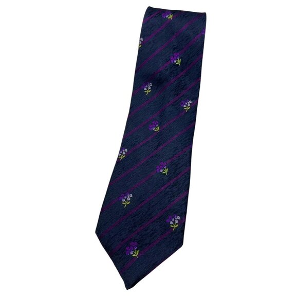 KENZO Men's 100% Silk Necktie LUXURY Tie Navy Purple Striped Floral W:3.6